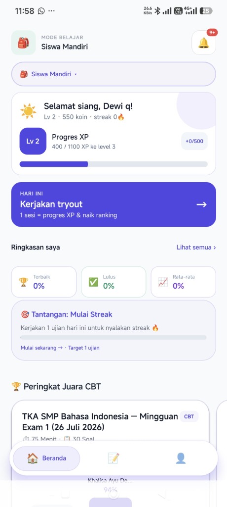 Beranda Siswa Mandiri Mobile App UI
